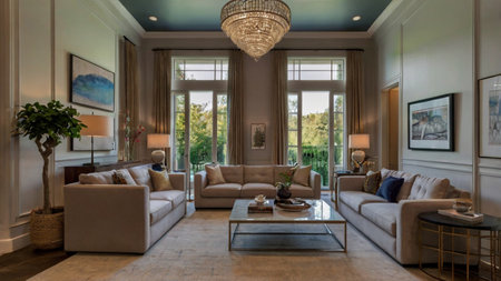 Luxury living room with beige sofas and round coffee table
