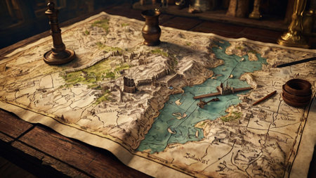 Old map of the world on a wooden table. Vintage style.