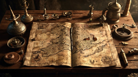Old map on a wooden table. Vintage style. Selective focus.の写真素材