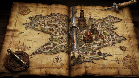 Old map with a stylized image of a castle and a dagger