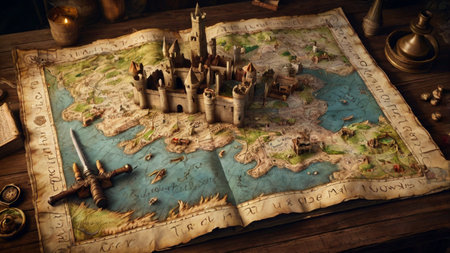 Medieval castle on a map of the old world. Travel concept