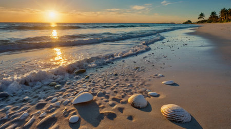 Beautiful sunset on the beach. Seascape with sea shells and sand.の写真素材