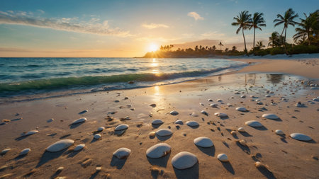 Beautiful sunset on the beach with pebbles and palm trees
