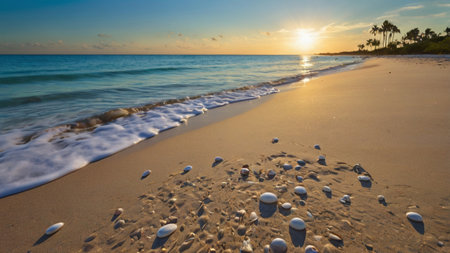 Sunset on the beach with white pebbles and sea waves