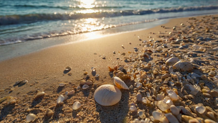Seashells on the sandy beach in the rays of the setting sunの写真素材