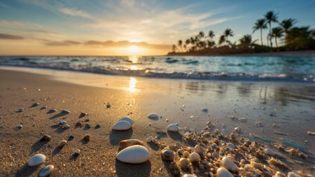 Sunset on the beach with sea pebbles and palm treesの写真素材
