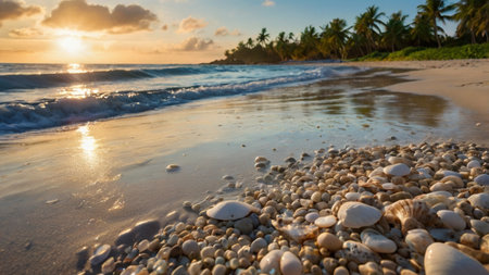 Tropical beach with palm trees and pebbles at sunsetの写真素材