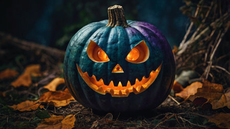 Halloween pumpkin with scary face on autumn leaves background. Halloween holiday conceptの写真素材