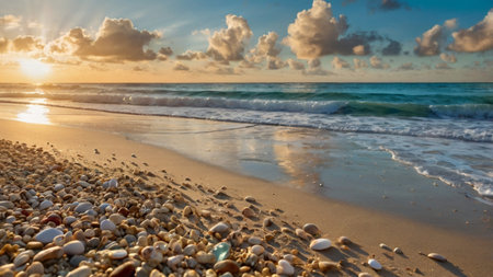 Sunset on the beach with pebbles and sea waves.の写真素材