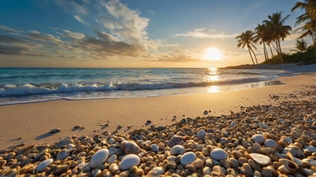 Beautiful sunrise on the tropical beach with sea shells and palm treesの写真素材