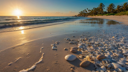 Beautiful sunrise on the beach with pebbles and palm treesの写真素材