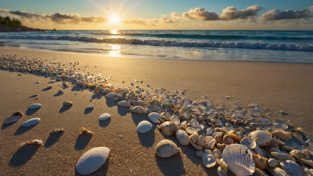 Beautiful seascape with sea shells on the beach at sunsetの写真素材