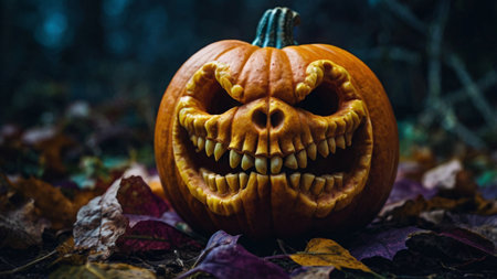 Halloween pumpkin with scary face on the autumn leaves background. Halloween concept.の写真素材