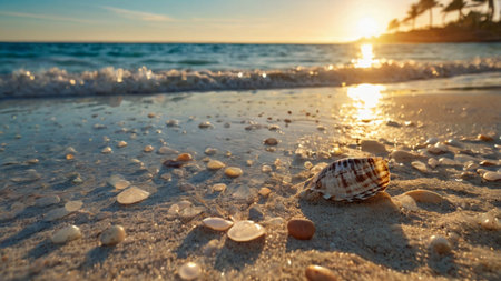 Seashells on the beach at sunset. Summer vacation conceptの写真素材