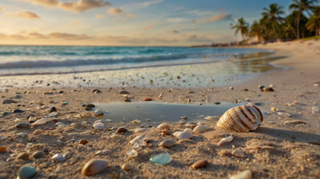 Seashells on the beach at sunset, beautiful tropical backgroundの写真素材