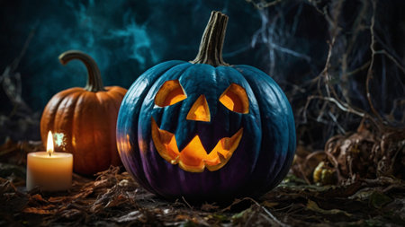 Halloween pumpkins with burning candle on dark background. Halloween conceptの写真素材