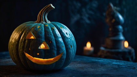 Halloween background with pumpkins and candles on dark blue background.の写真素材