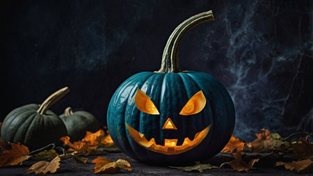 Halloween pumpkins on a dark background with autumn leaves. Halloween concept.の写真素材