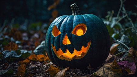 Halloween pumpkin in the forest. Halloween concept. Selective focus.