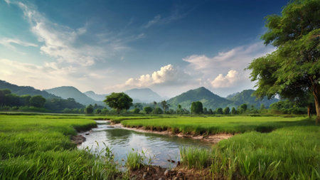 Panoramic view of rice field and mountains in the background.の写真素材