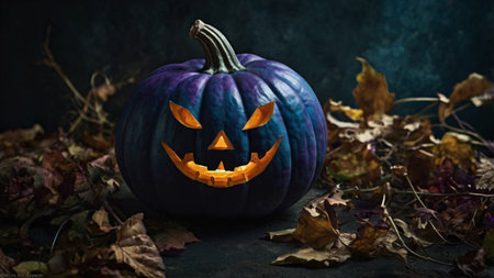 Halloween pumpkin with scary face and autumn leaves on dark background.の写真素材