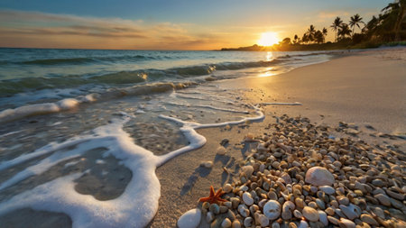 Tropical beach with sand and pebbles at sunset.の写真素材