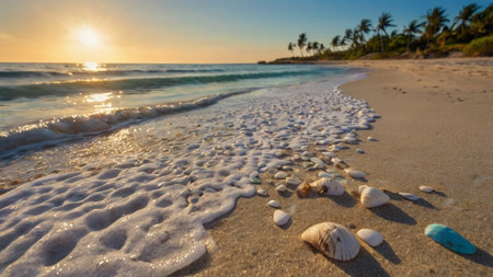 Beautiful sunset on a tropical beach. Seascape with sea shells.の写真素材