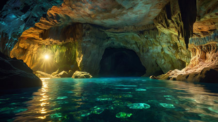 Cave with crystal clear water at night. 3d rendering.の写真素材