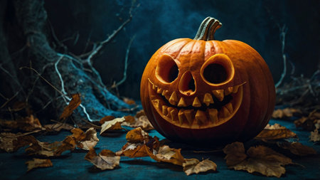 Halloween pumpkin head jack o lantern on dark background with autumn leavesの写真素材