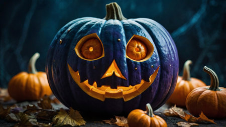 Halloween pumpkins with scary faces and autumn leaves on dark backgroundの写真素材