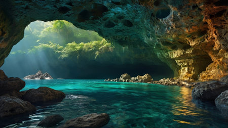 beautiful underwater cave in the sea. 3d render illustration.の写真素材