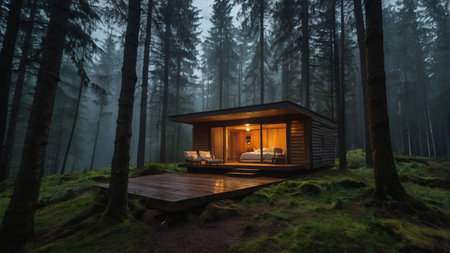 Wooden house in a dark forest with fog. 3d renderingの写真素材