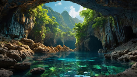 Beautiful underwater cave with turquoise water. 3D renderingの写真素材