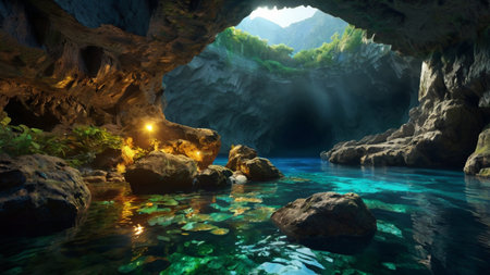 underwater cave and crystal clear water. 3d render illustration.の写真素材