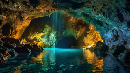 Cave with crystal clear water and stalactites. 3d renderingの写真素材