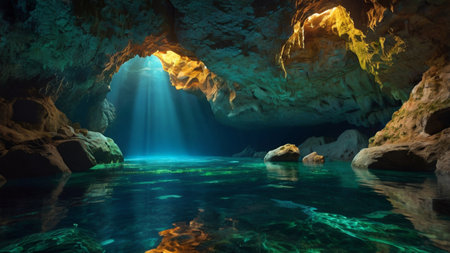 Underwater cave with turquoise water. 3d render illustrationの写真素材