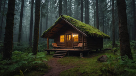 Wooden house in the forest in the morning fog. 3d renderingの写真素材