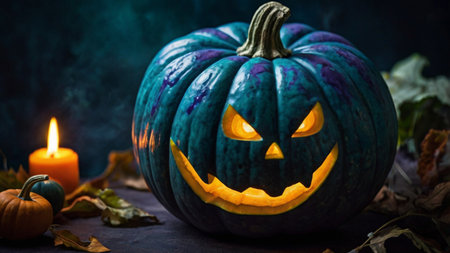 Halloween pumpkin head jack o lantern on dark background with copy spaceの写真素材