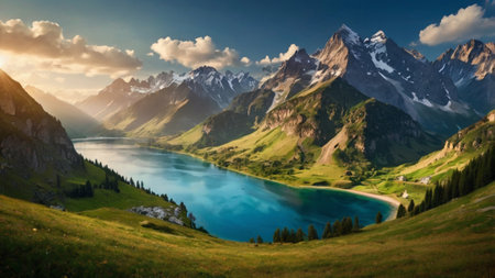 Panoramic view of the beautiful lake in the mountains at sunsetの写真素材