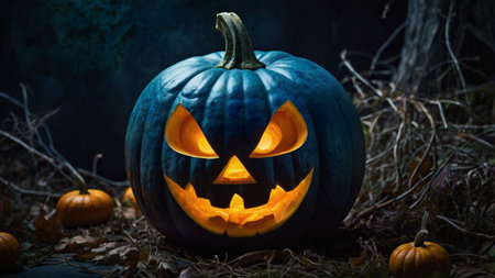 Halloween pumpkin with scary face in dark forest, jack o lanternの写真素材