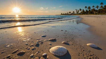 Beautiful sunset over the sea with white sand and seashellsの写真素材