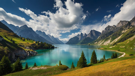 Mountain lake in the Alps. Panoramic view of the lake.の写真素材