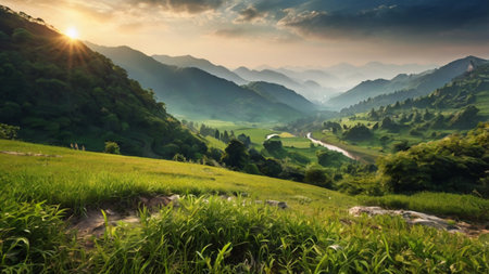 Beautiful landscape of mountains and river at sunset. Panoramic viewの写真素材
