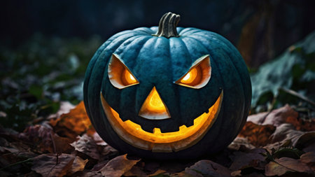 Halloween pumpkin with scary eyes in the forest. Halloween concept.の写真素材