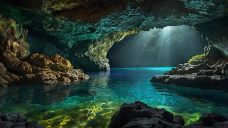 Cave with crystal clear water and sunlight shining through the cave.の写真素材