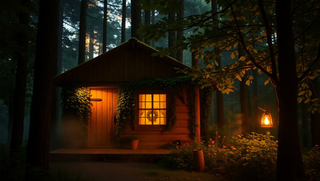 Wooden cottage in the forest at night. Wooden cottage in the forest.の写真素材