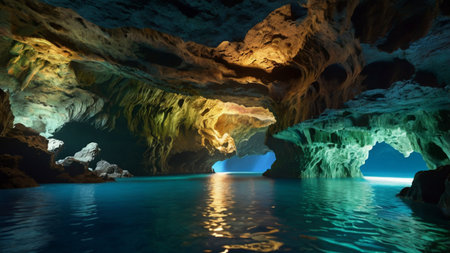 Cave with water reflections. 3D rendering. Computer digital drawing.の写真素材
