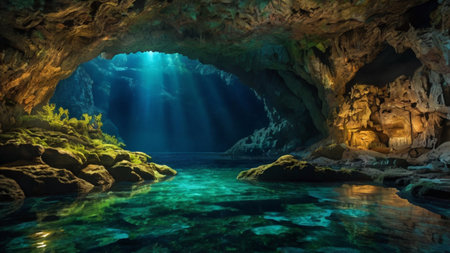 Underwater cave with light shining through the hole. 3d renderingの写真素材