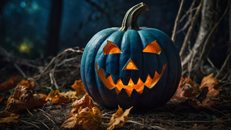 Halloween pumpkin with scary face in the forest. Halloween concept.の写真素材