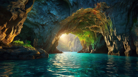 Beautiful underwater cave in the tropical sea. 3d render illustrationの写真素材